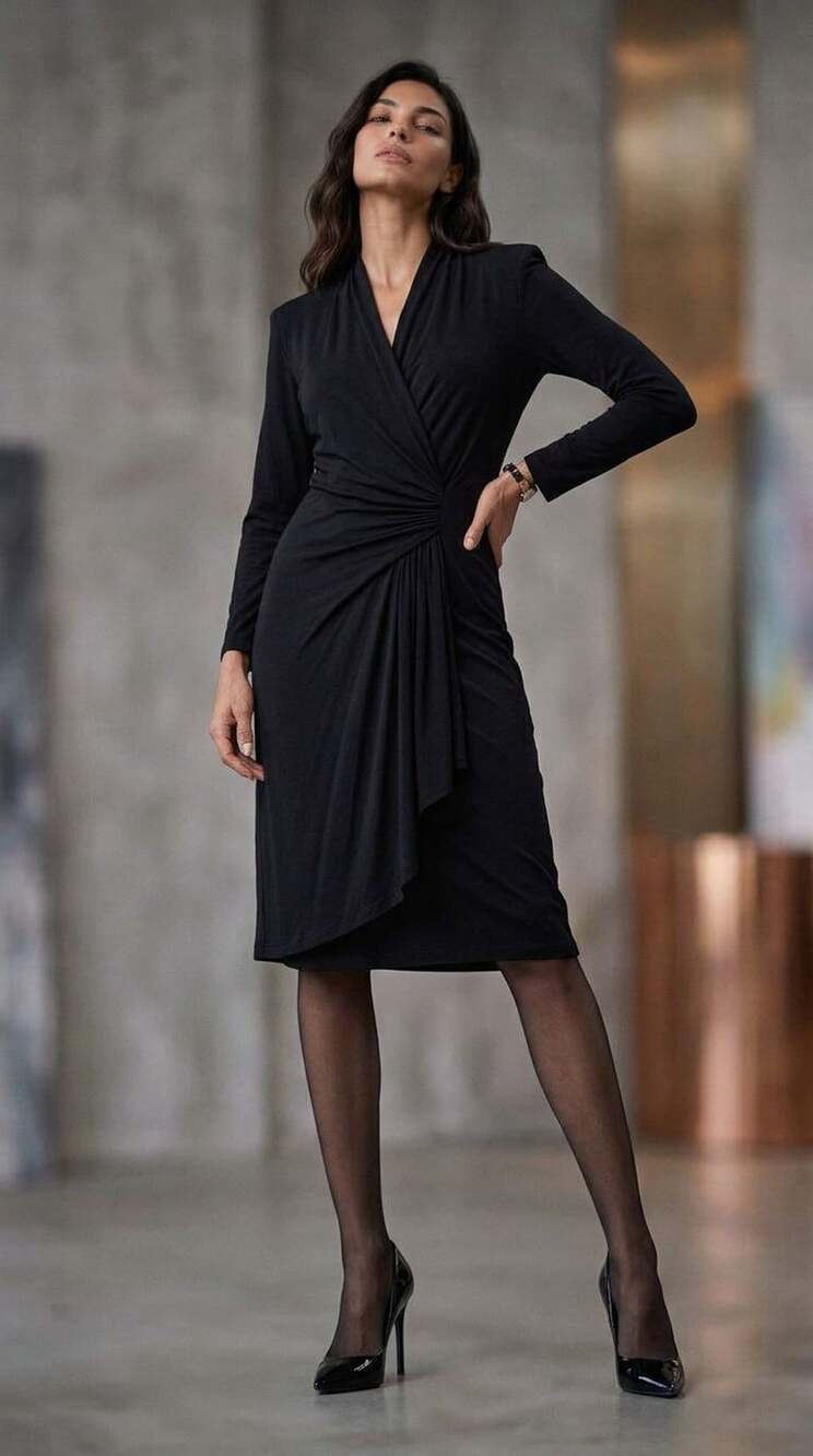 Karen Kane Cascade Wrap Dress Size M Black 3/4 Sleeve
